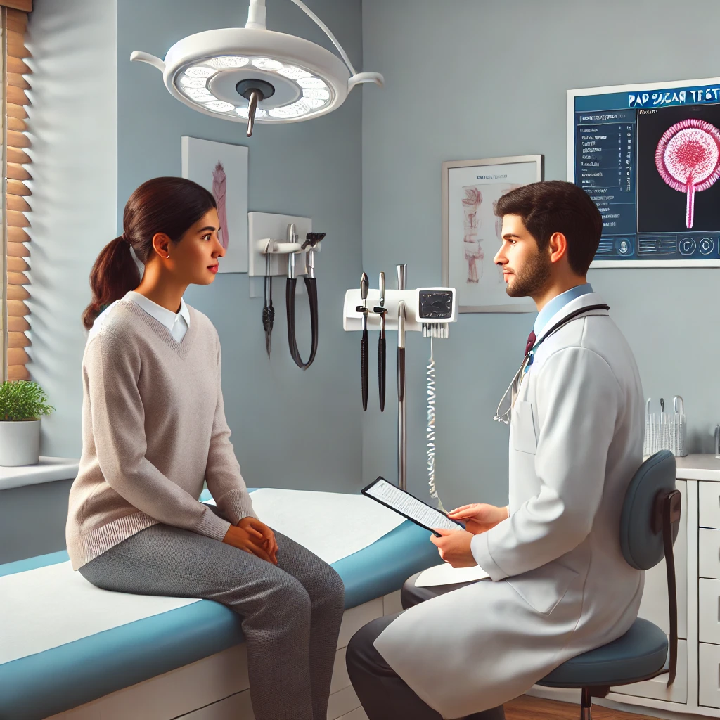 Una mujer sentada en la mesa de exploración médica, escuchando atentamente la explicación de su ginecólogo sobre la importancia del papanicolaou